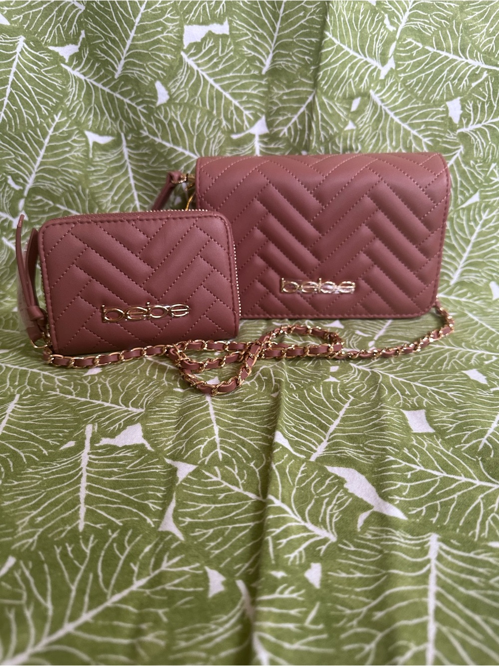 Bebe Quilted Crossbody Purse and Wallet Set with Chain Strap